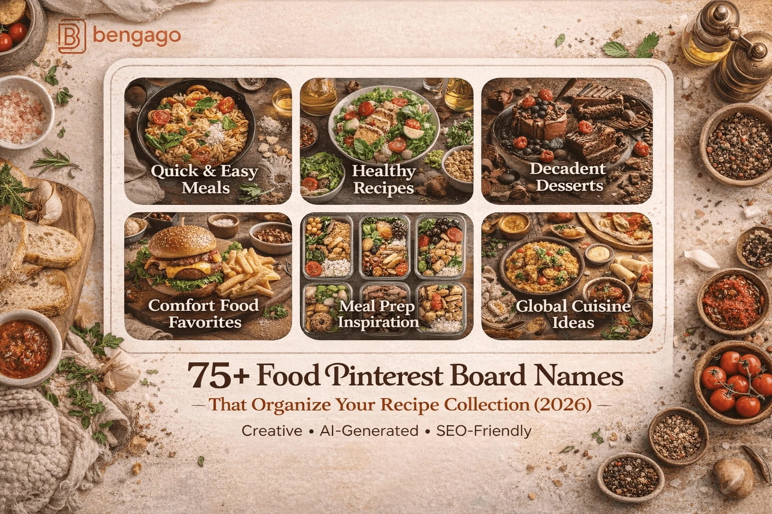 75+ Food Pinterest Board Names That Organize Your Recipe Collection (2026) - Discover 75+ creative food and recipe Pinterest board names organized by meal type, cuisine, diet, and cooking style. Perfect for food bloggers and home cooks.