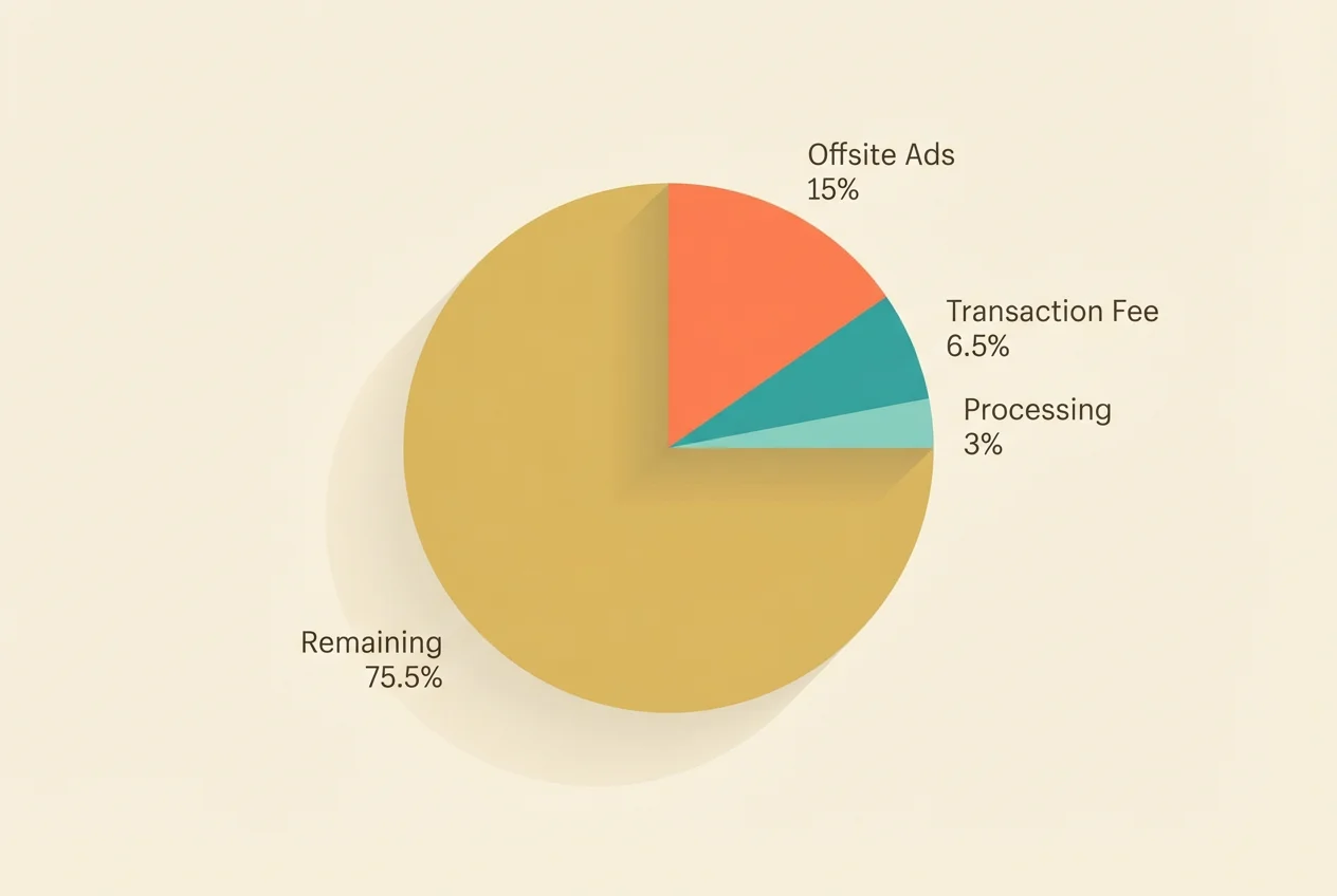 Chart showing stacked Etsy fees on a $100 order: $12 offsite ads fee plus $6.50 transaction fee plus $3 processing fee equals $21.50 total fees